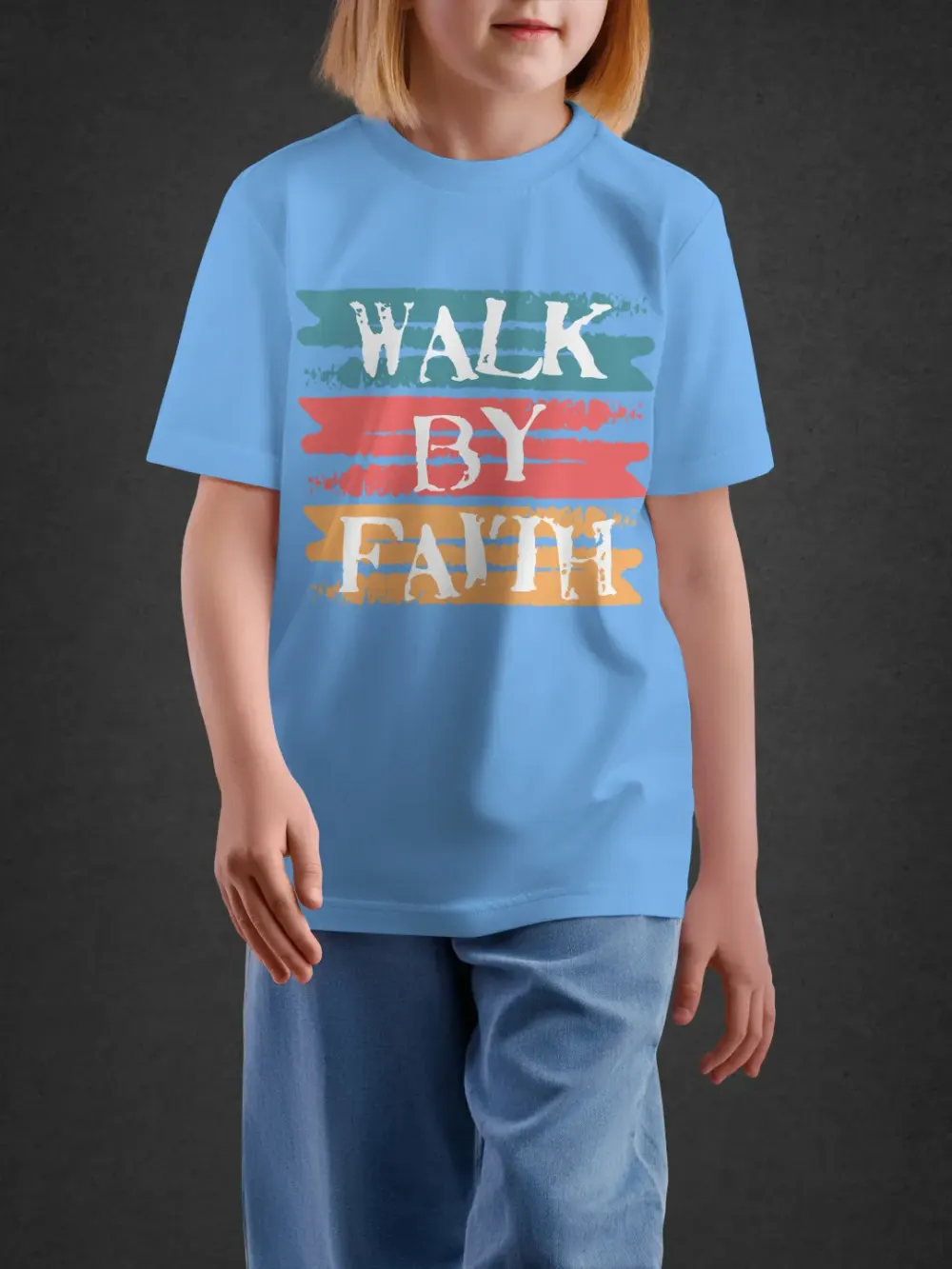 Tshirt for Boys Walk By Faith 11-16Y Inspiring Te in Blue