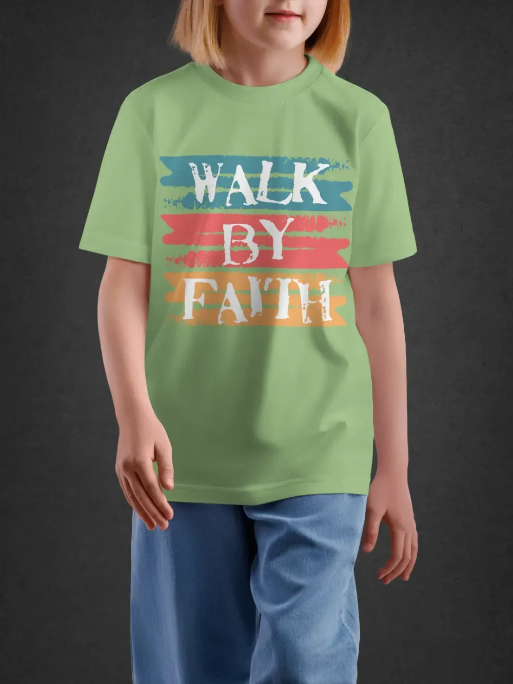Tshirt for Boys Walk By Faith 11-16Y Inspiring Te in Green