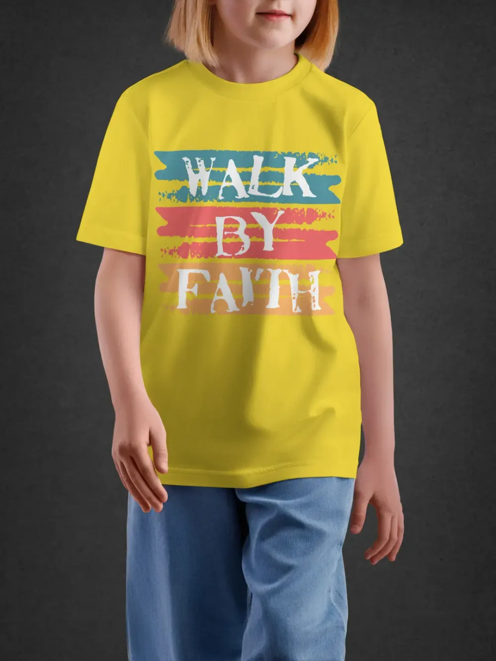 Tshirt for Boys Walk By Faith 11-16Y Inspiring Te in Yellow