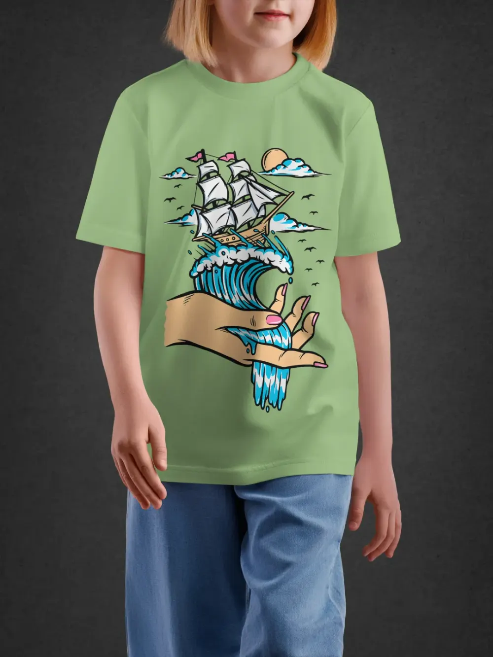 Tshirt for Kids Ocean In Hand 7-12Y Amazing Tee in Green