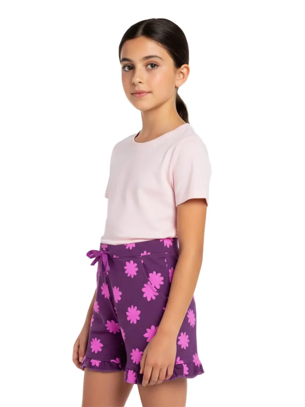 Shorts for girls - Girls Daisy Print Shorts Cute FUn 100% Cotton, full outfit view