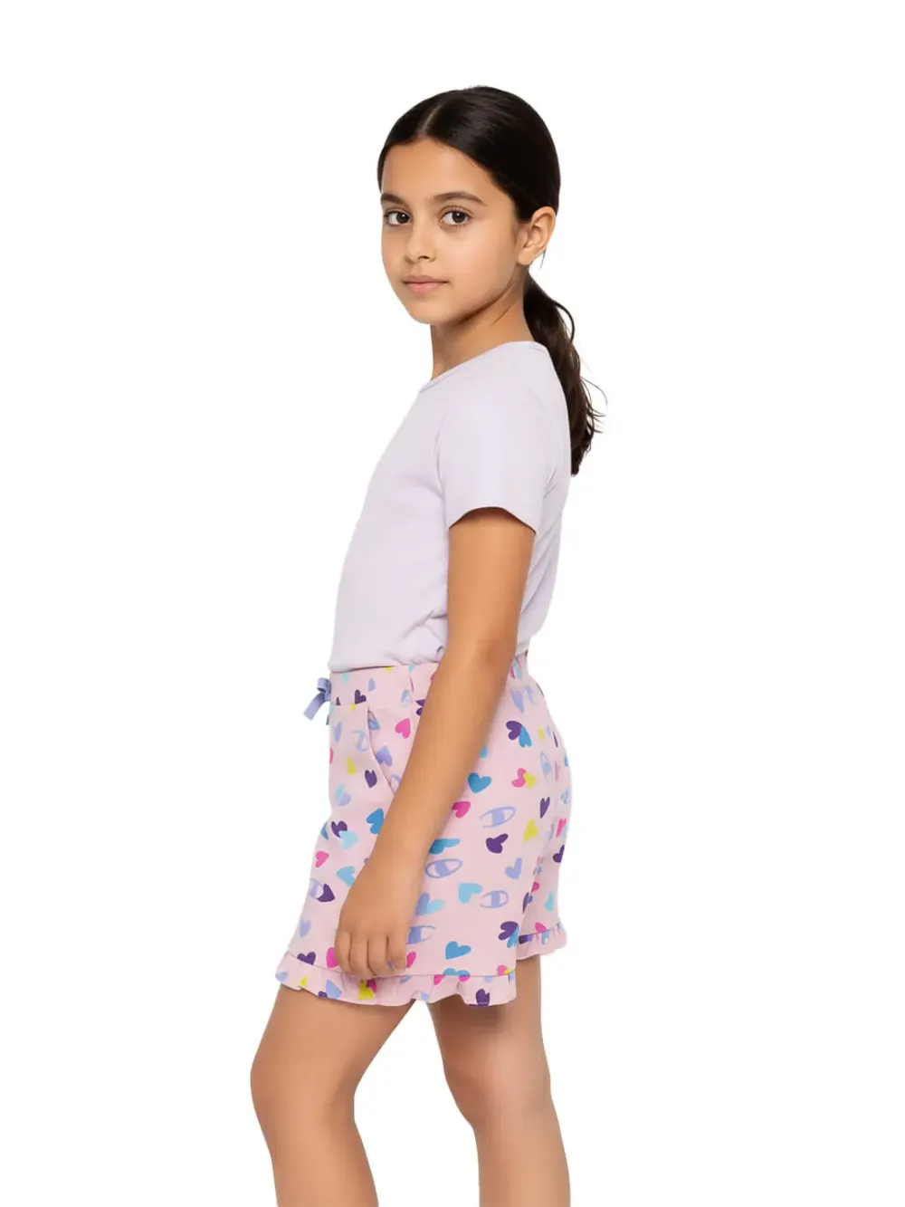 Shorts for girls - Girls Heart Print Shorts Cute Fun 100% Cotton, close-up detail