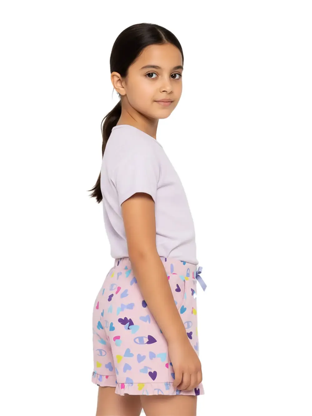 Shorts for girls - Girls Heart Print Shorts Cute Fun 100% Cotton, full outfit view