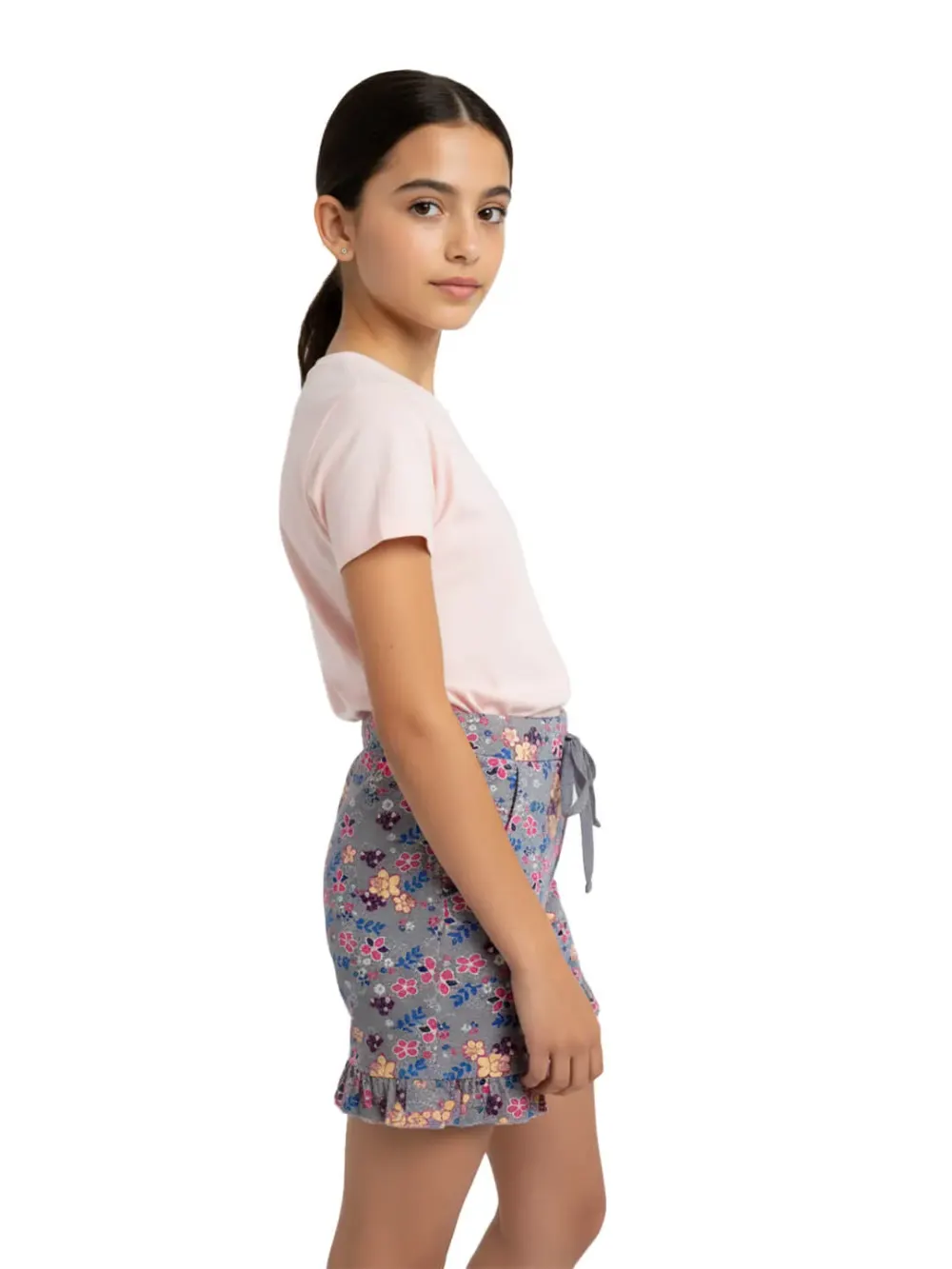 Shorts for girls - Girls Floral Print Shorts Cute Fun 100% Cotton, full outfit view