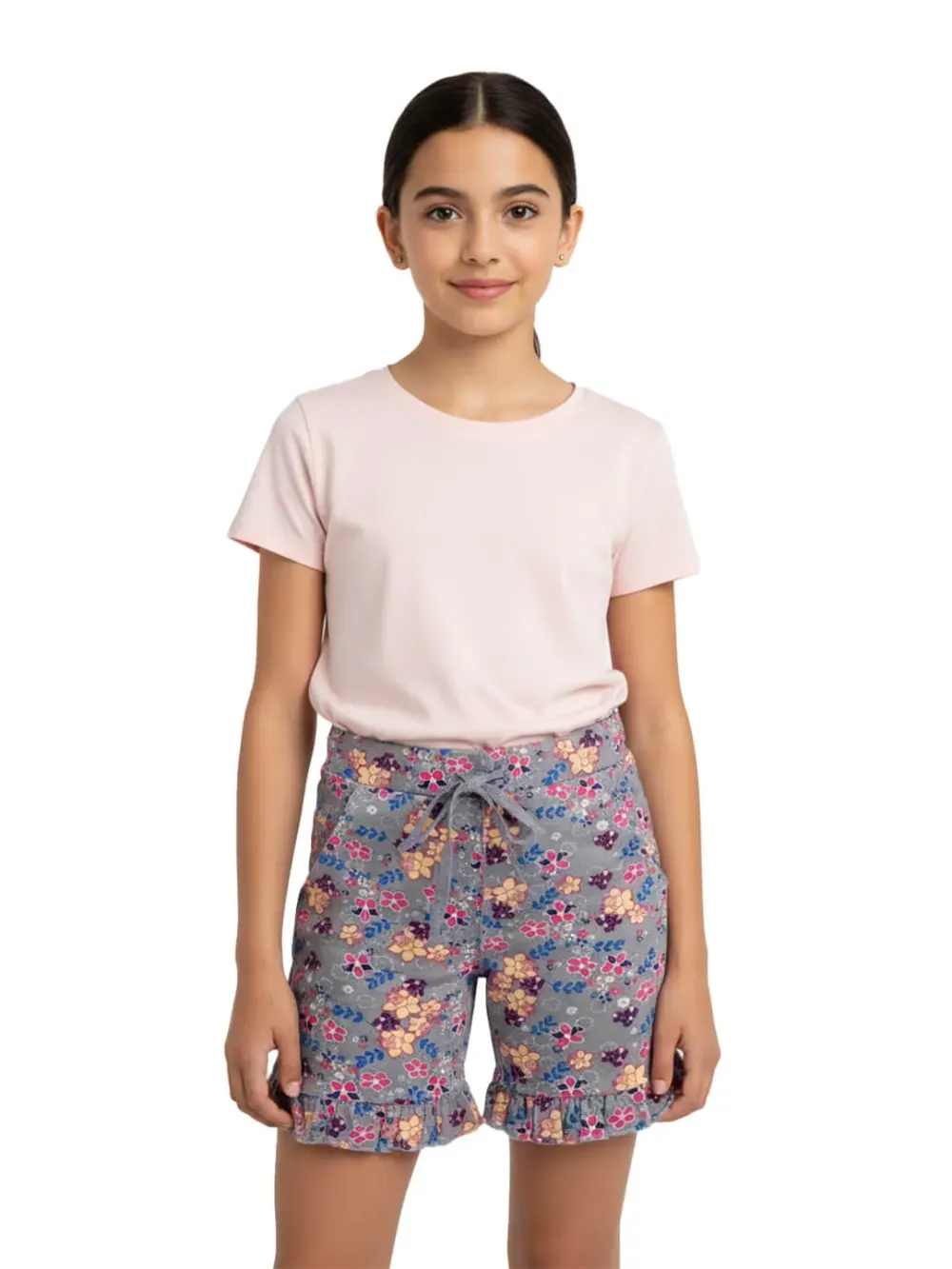 Shorts for girls - Girls Floral Print Shorts Cute Fun 100% Cotton, close-up detail