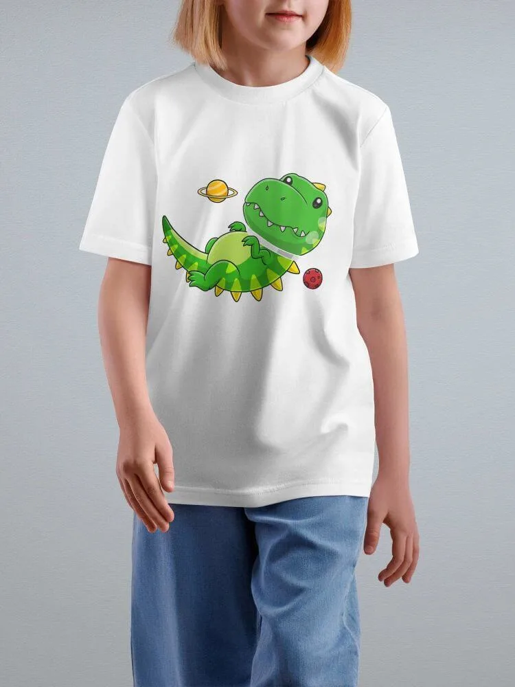 Tshirt for Kids Space Dinosaur 2-6Y Amazing Fun, close-up detail