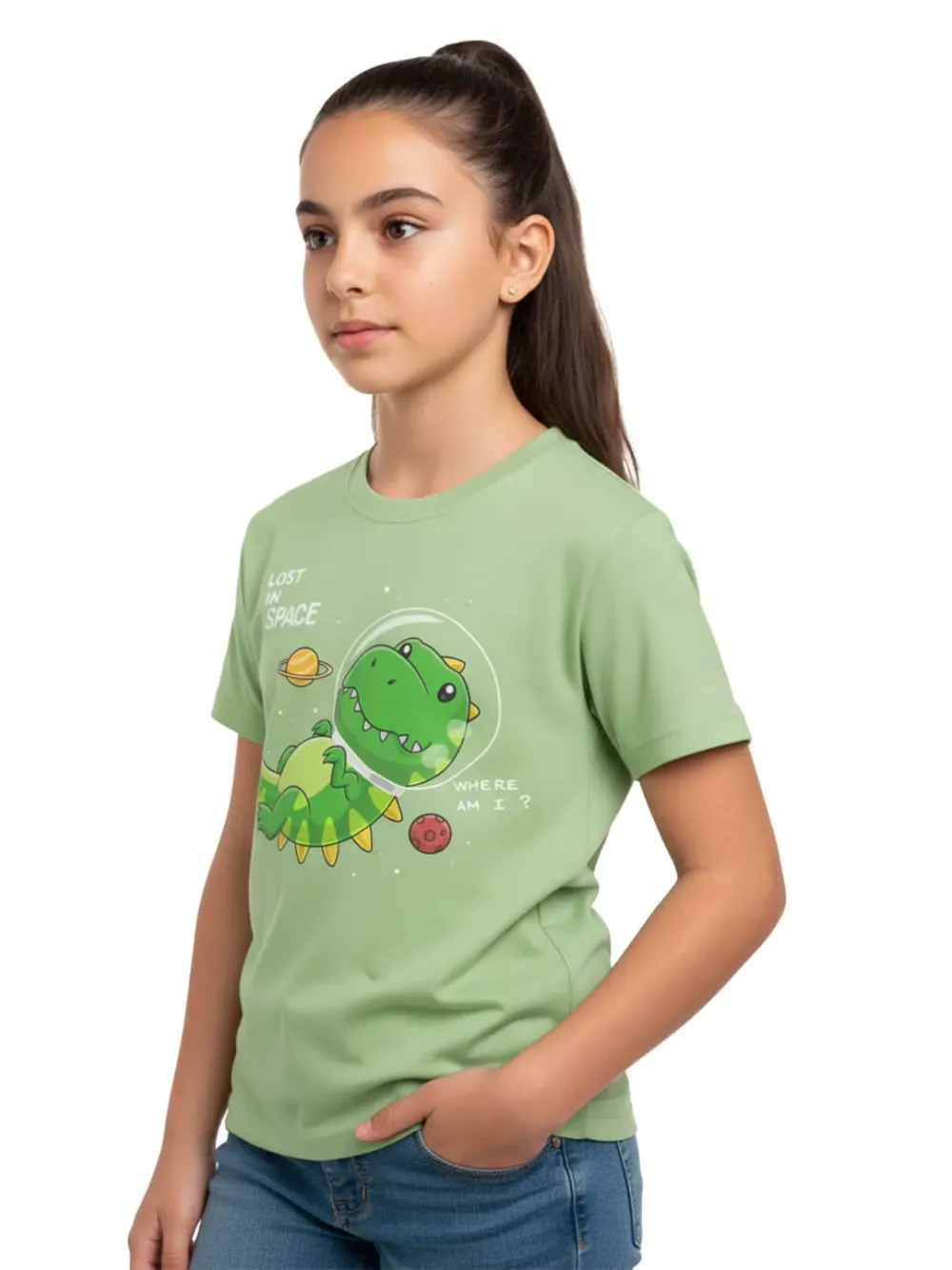 Tshirt for Kids Space Dinosaur 2-6Y Amazing Fun, side view