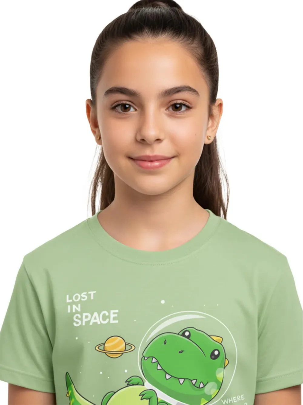 Tshirt for Kids Space Dinosaur 2-6Y Amazing Fun, close-up detail