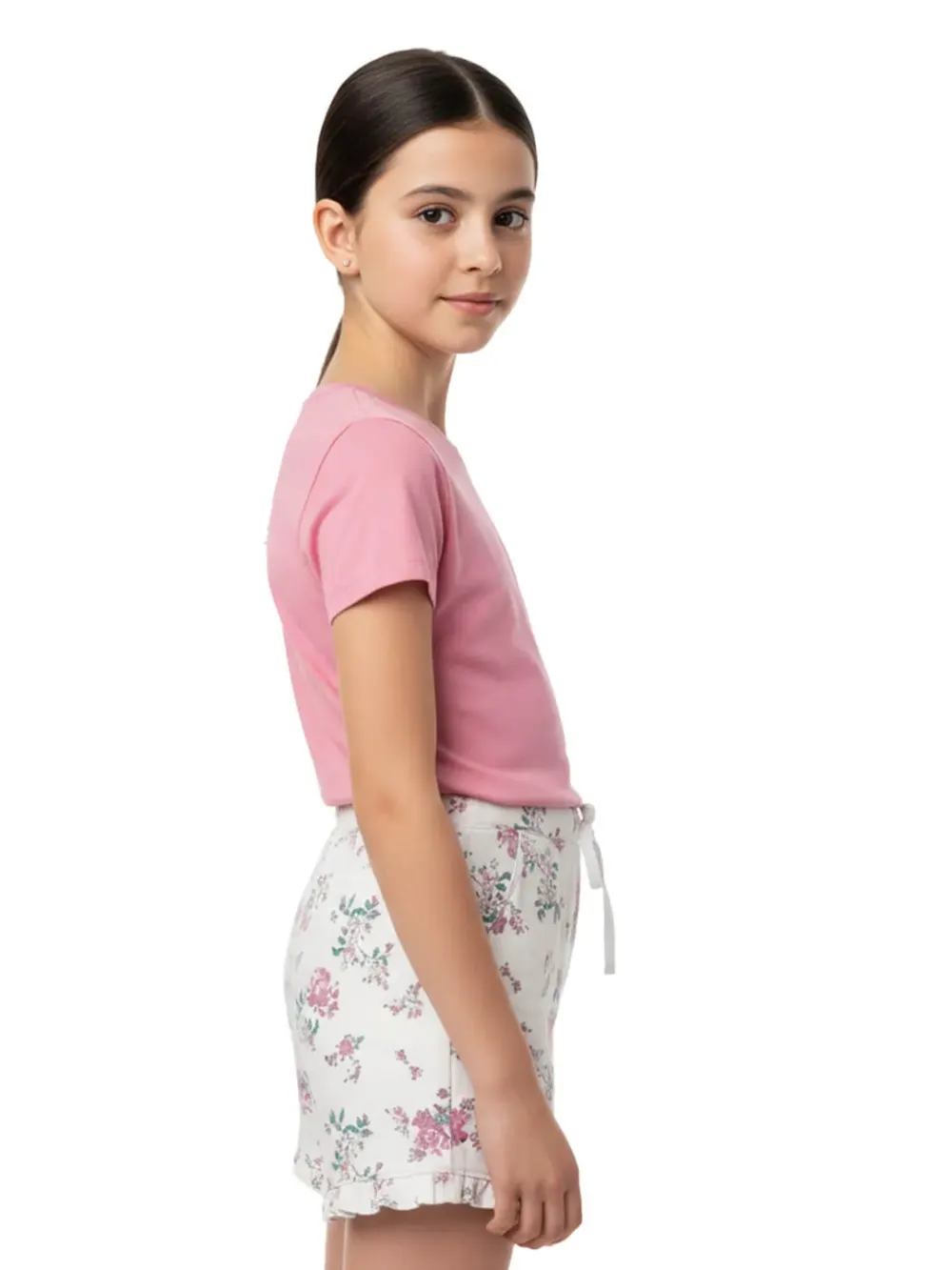 Shorts for girls - Girls Floral Shorts Cute Fun 100% Cotton, full outfit view